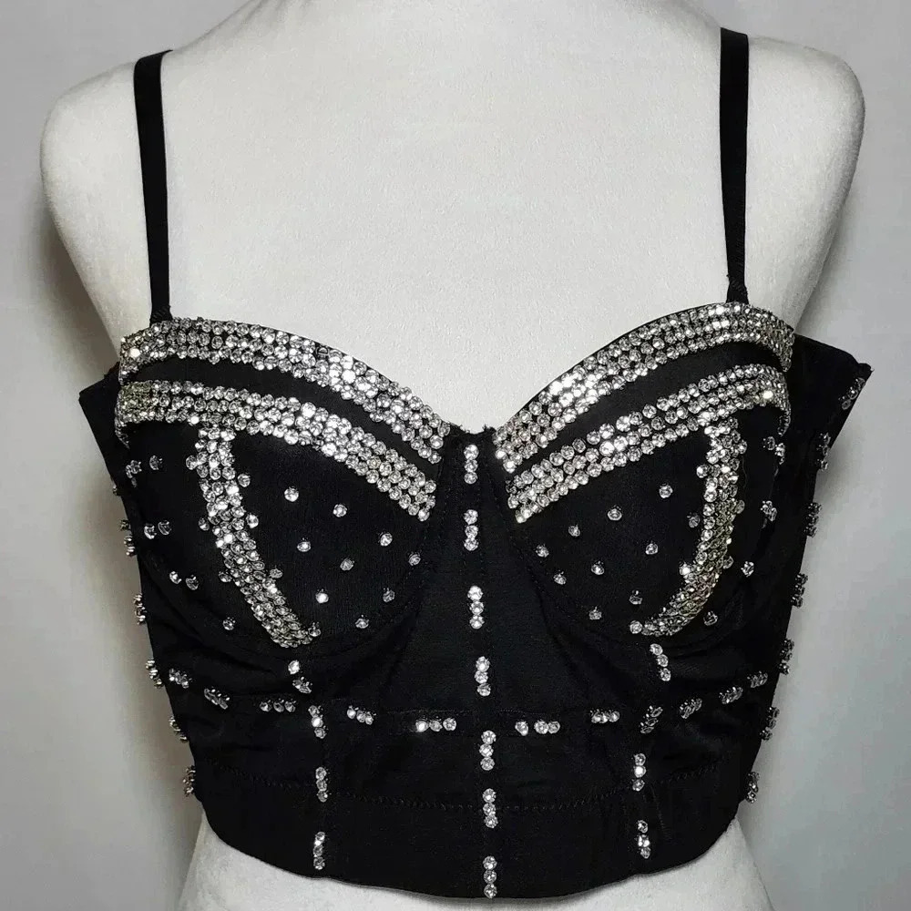 Women's Size XL Black Rhinestone Bra Top Adjustable Removeable Straps Selena